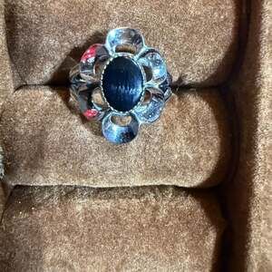 Beau Onyx Sterling Ring Adjustable 925 Silver Floral Flower Vintage Jewelry Anni